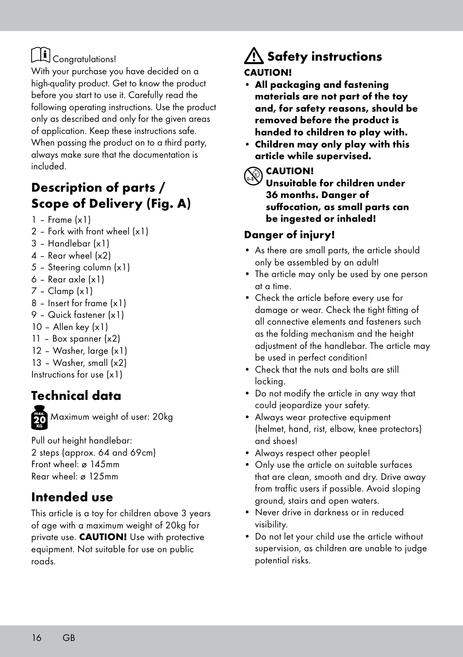 Description of parts / scope of delivery (fig. a), Technical data, Intended use | Safety instructions | Playtive Tri Scooter User Manual | Page 16 / 20