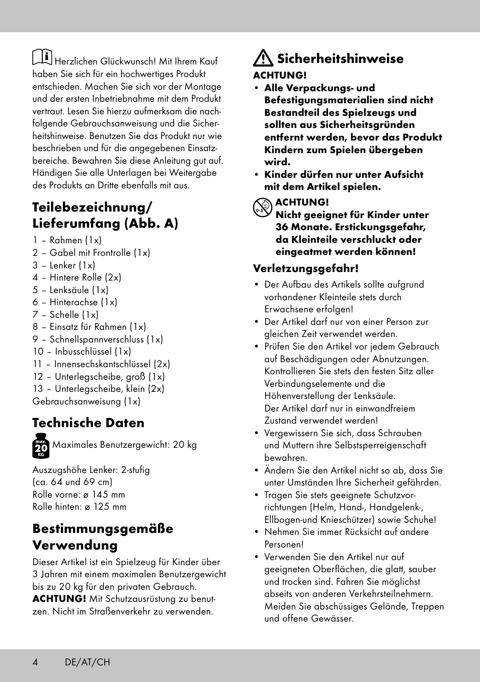 Teilebezeichnung/ lieferumfang (abb. a), Technische daten, Bestimmungsgemäße verwendung | Sicherheitshinweise | Playtive Tri Scooter User Manual | Page 4 / 20