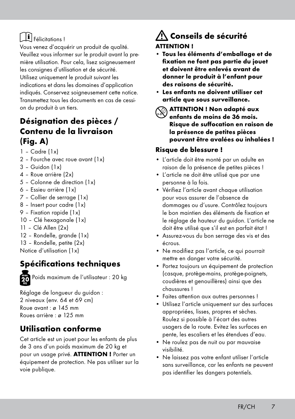 Spécifications techniques, Utilisation conforme, Conseils de sécurité | Playtive Tri Scooter User Manual | Page 7 / 20