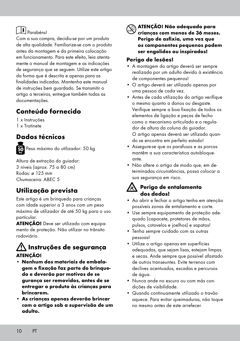 Conteúdo fornecido, Dados técnicos, Utilização prevista | Instruções de segurança | Playtive Scooter User Manual | Page 10 / 20