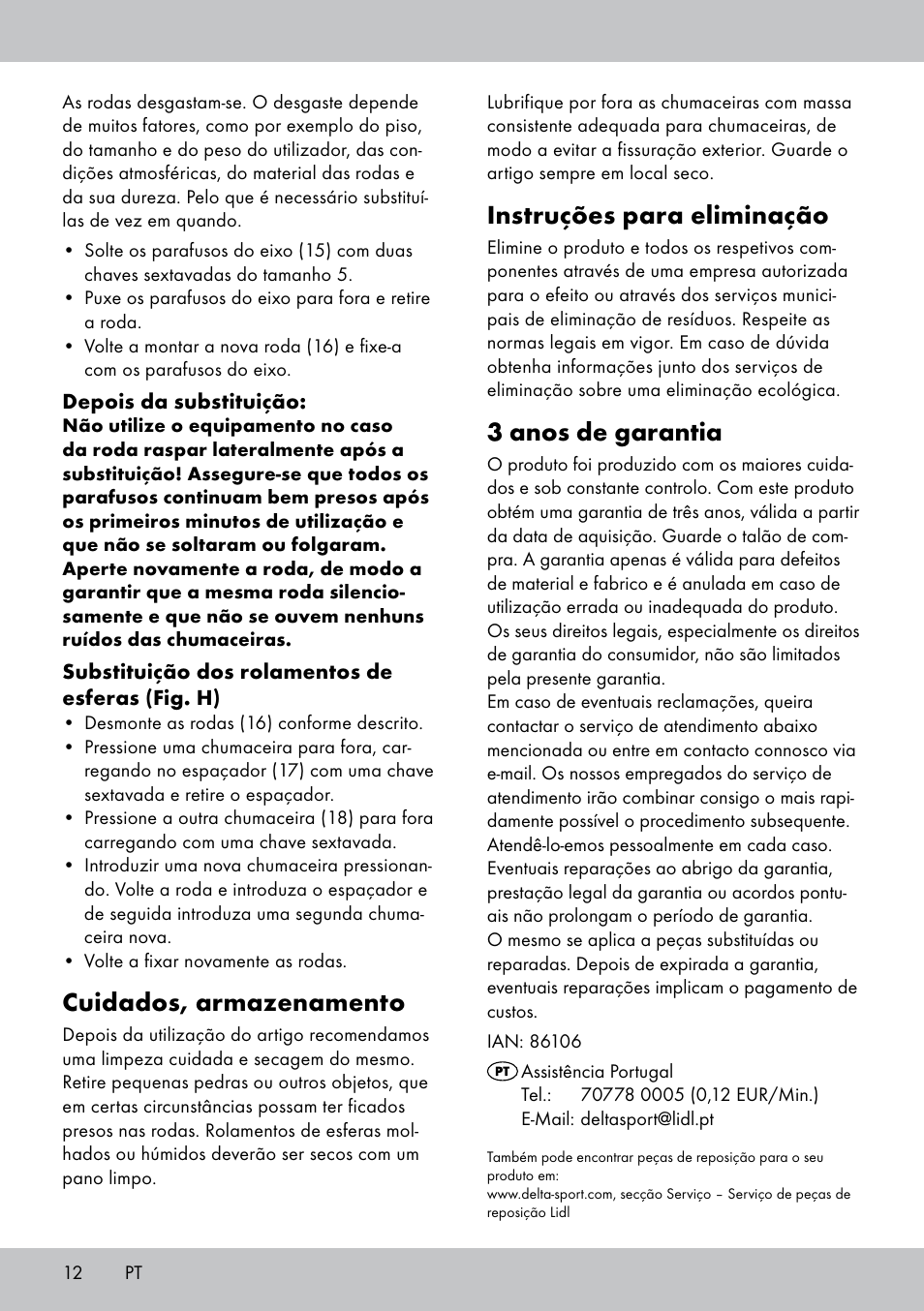 Instruções para eliminação, 3 anos de garantia, Cuidados, armazenamento | Playtive Scooter User Manual | Page 12 / 20