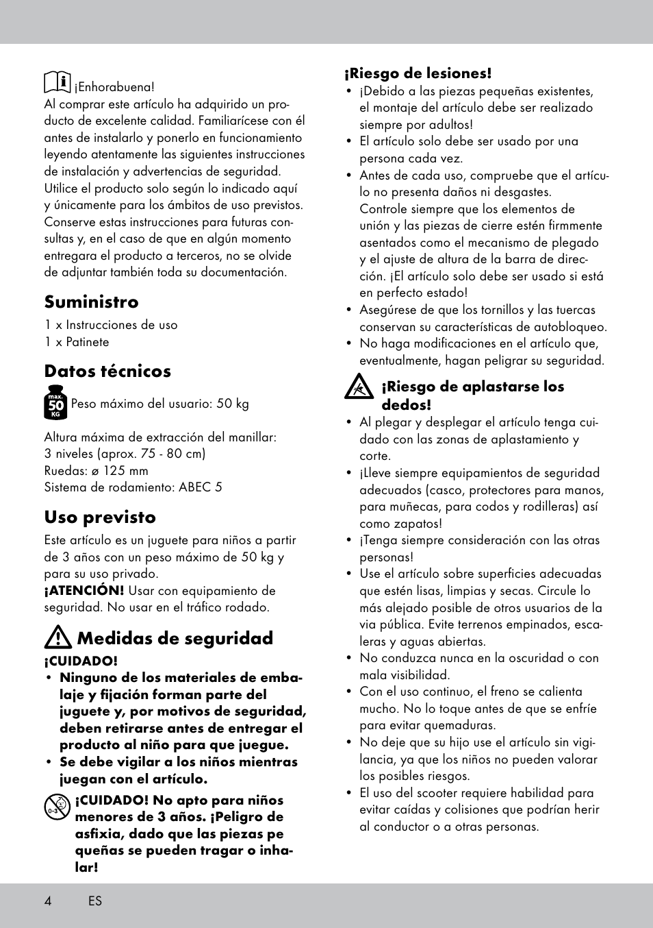 Suministro, Datos técnicos, Uso previsto | Medidas de seguridad | Playtive Scooter User Manual | Page 4 / 20