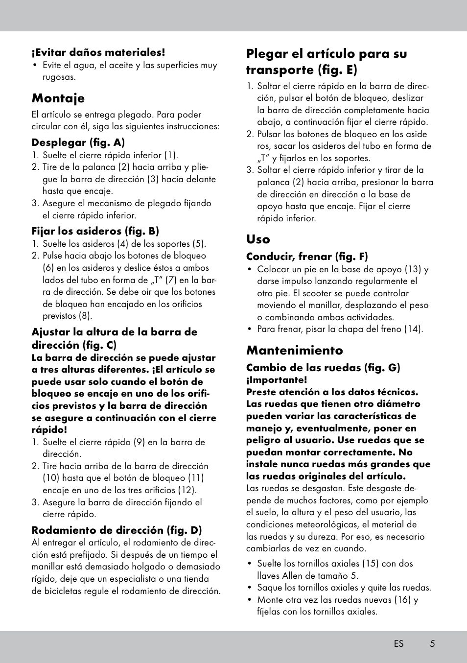 Montaje, Plegar el artículo para su transporte (fig. e), Mantenimiento | Playtive Scooter User Manual | Page 5 / 20