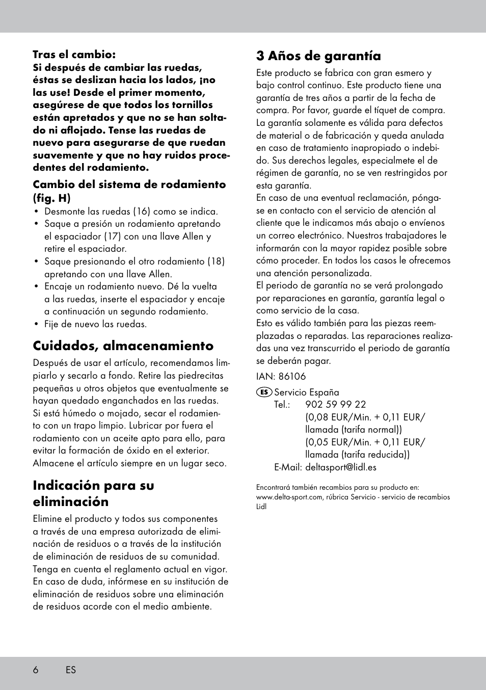 3 años de garantía, Cuidados, almacenamiento, Indicación para su eliminación | Playtive Scooter User Manual | Page 6 / 20