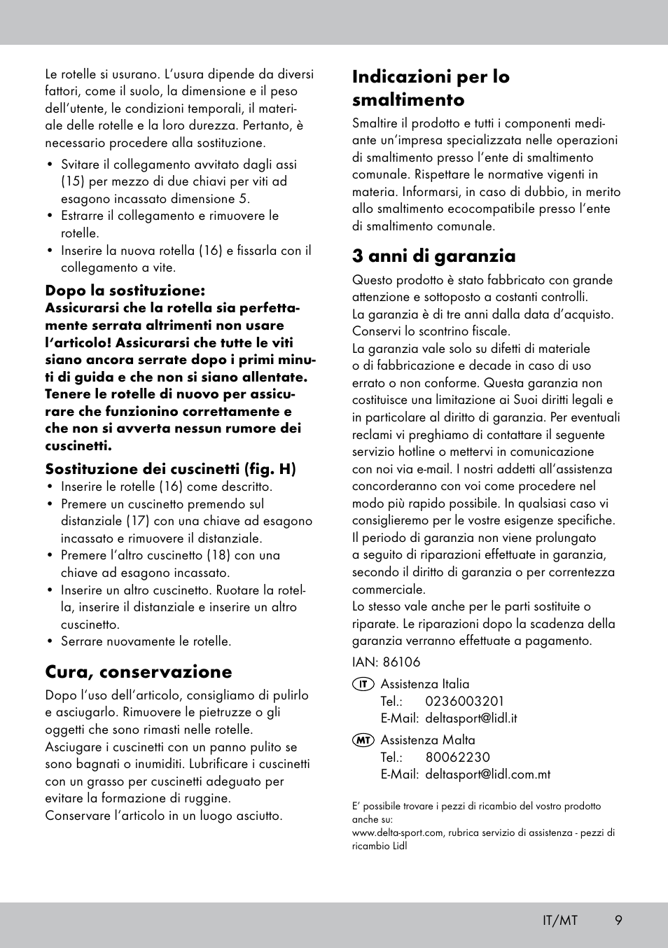 Indicazioni per lo smaltimento, 3 anni di garanzia, Cura, conservazione | Playtive Scooter User Manual | Page 9 / 20