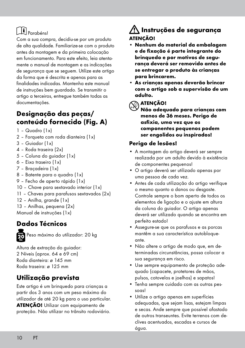 Designação das peças/ conteúdo fornecido (fig. a), Dados técnicos, Utilização prevista | Instruções de segurança | Playtive Tri Scooter User Manual | Page 10 / 20