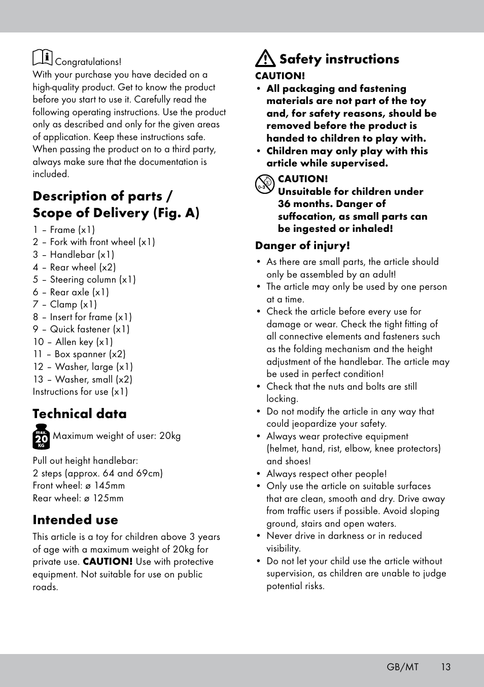 Description of parts / scope of delivery (fig. a), Technical data, Intended use | Safety instructions | Playtive Tri Scooter User Manual | Page 13 / 20