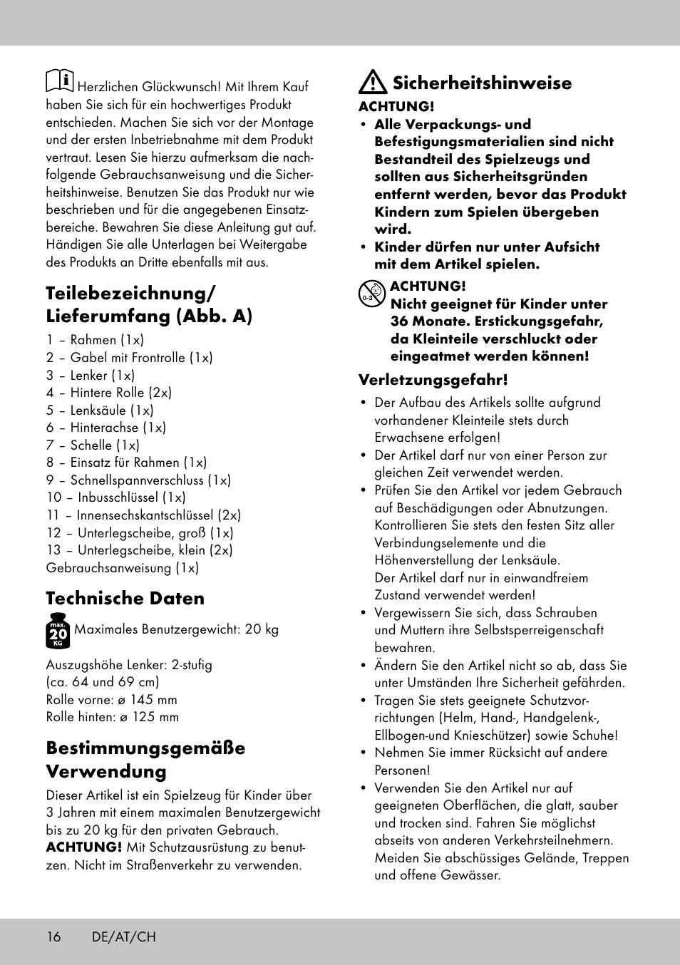 Teilebezeichnung/ lieferumfang (abb. a), Technische daten, Bestimmungsgemäße verwendung | Sicherheitshinweise | Playtive Tri Scooter User Manual | Page 16 / 20