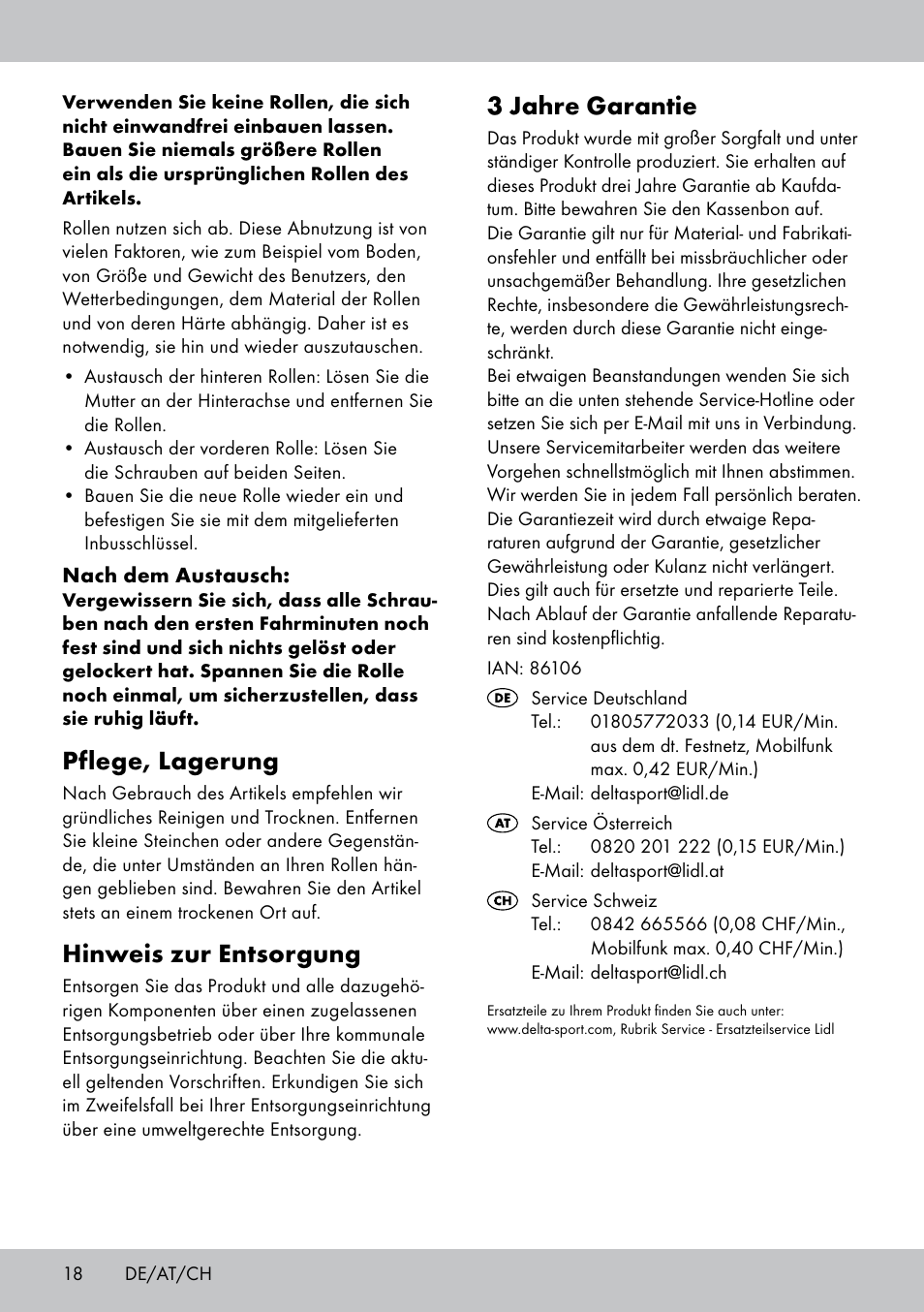 3 jahre garantie, Pflege, lagerung, Hinweis zur entsorgung | Playtive Tri Scooter User Manual | Page 18 / 20