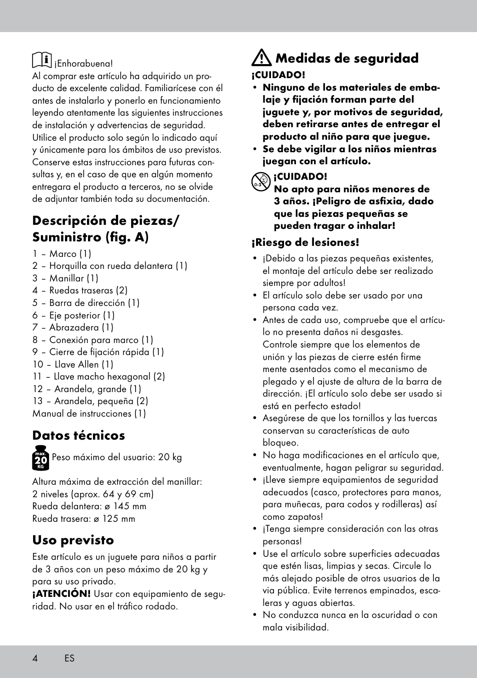 Descripción de piezas/ suministro (fig. a), Datos técnicos, Uso previsto | Medidas de seguridad | Playtive Tri Scooter User Manual | Page 4 / 20