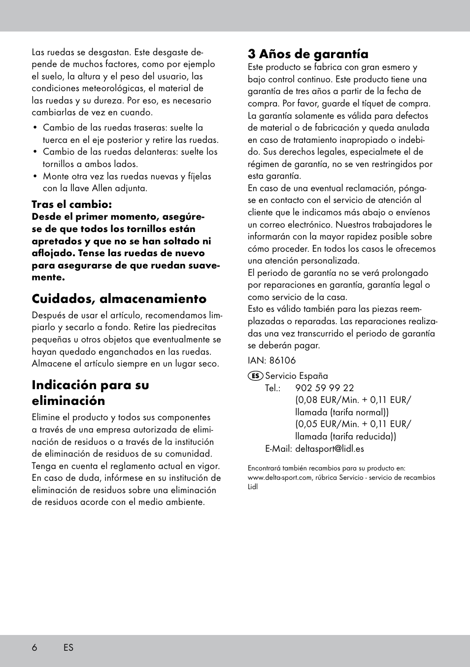 3 años de garantía, Cuidados, almacenamiento, Indicación para su eliminación | Playtive Tri Scooter User Manual | Page 6 / 20