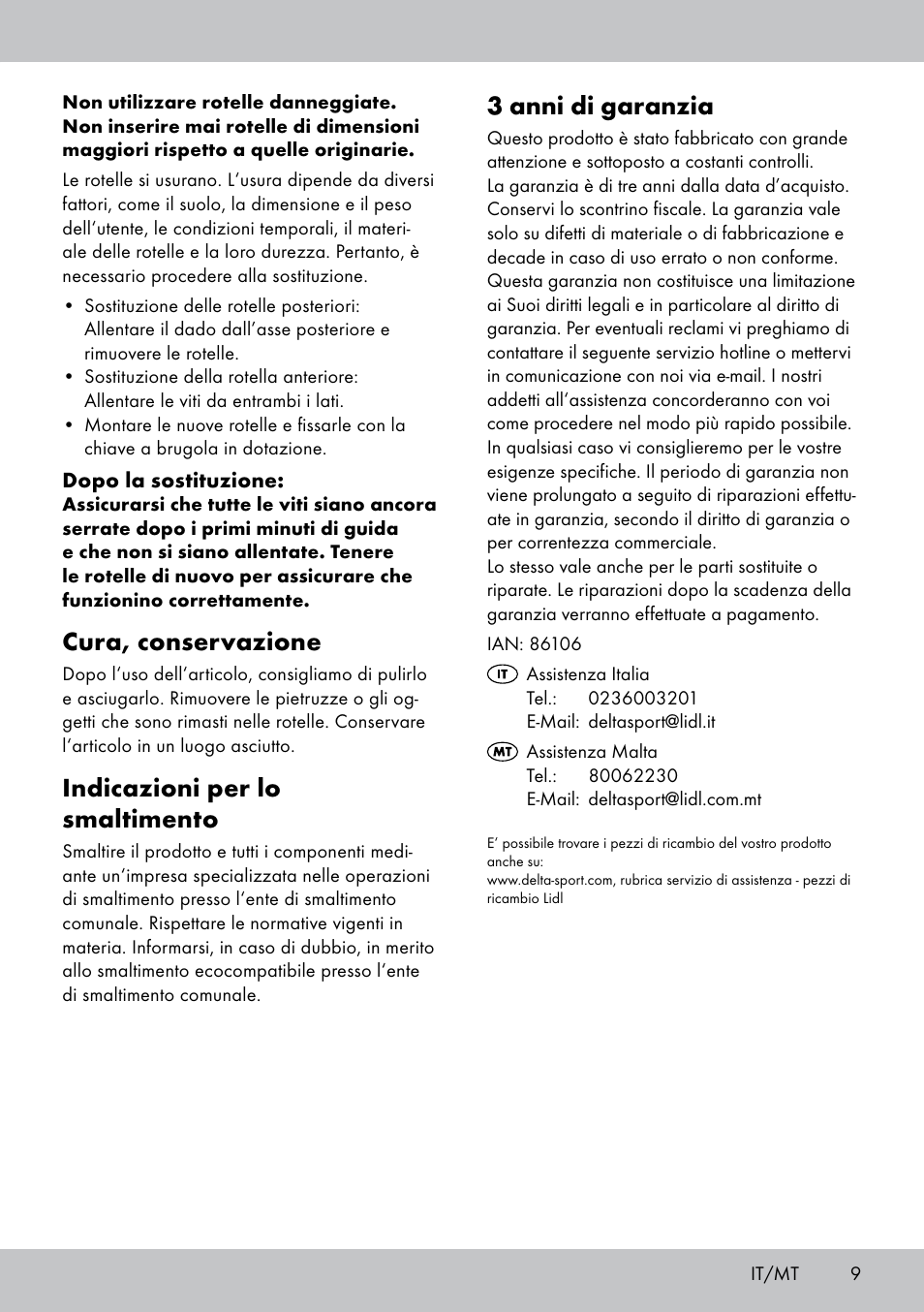 3 anni di garanzia, Cura, conservazione, Indicazioni per lo smaltimento | Playtive Tri Scooter User Manual | Page 9 / 20