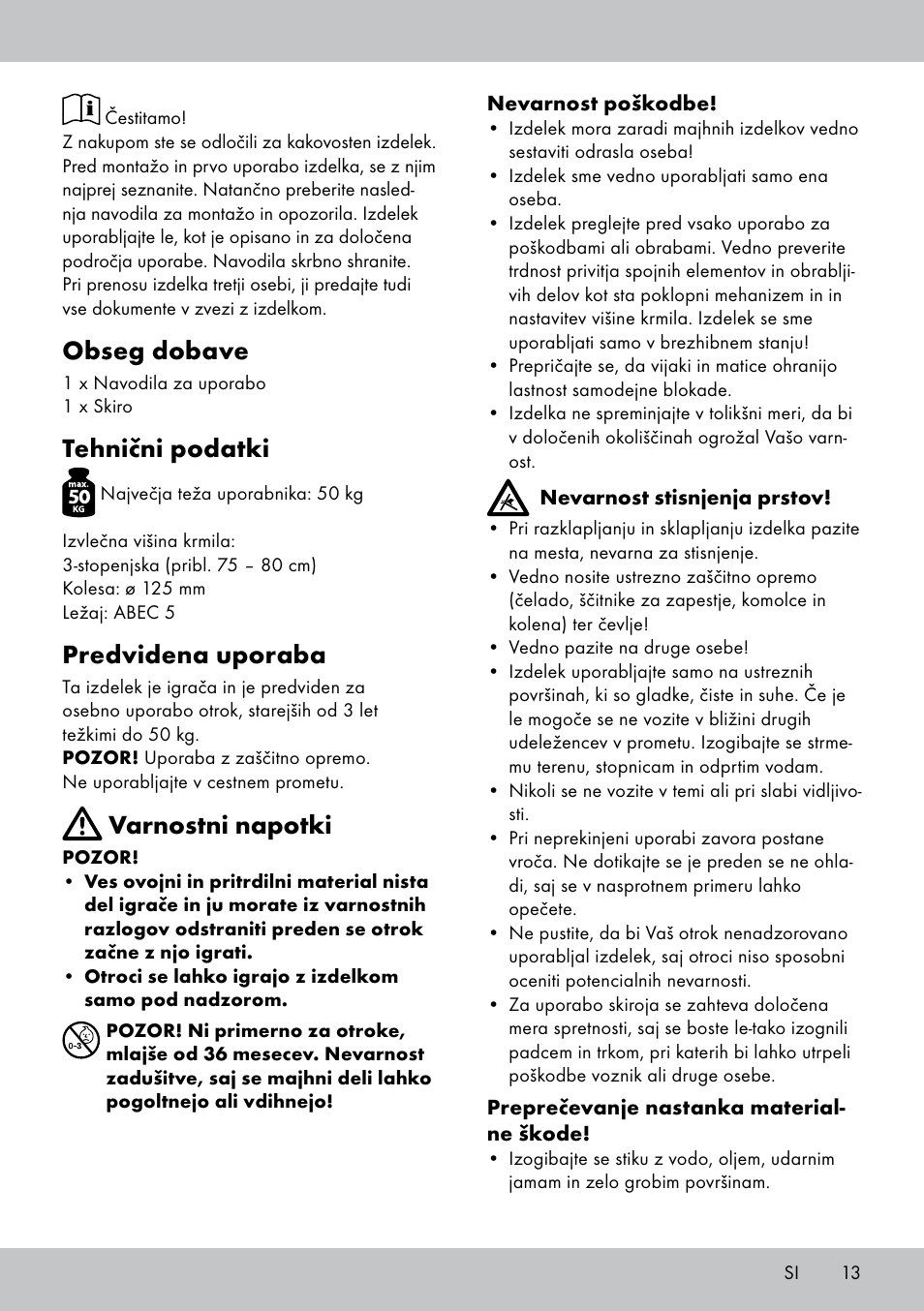 Obseg dobave, Tehnični podatki, Predvidena uporaba | Varnostni napotki | Playtive Scooter User Manual | Page 13 / 28