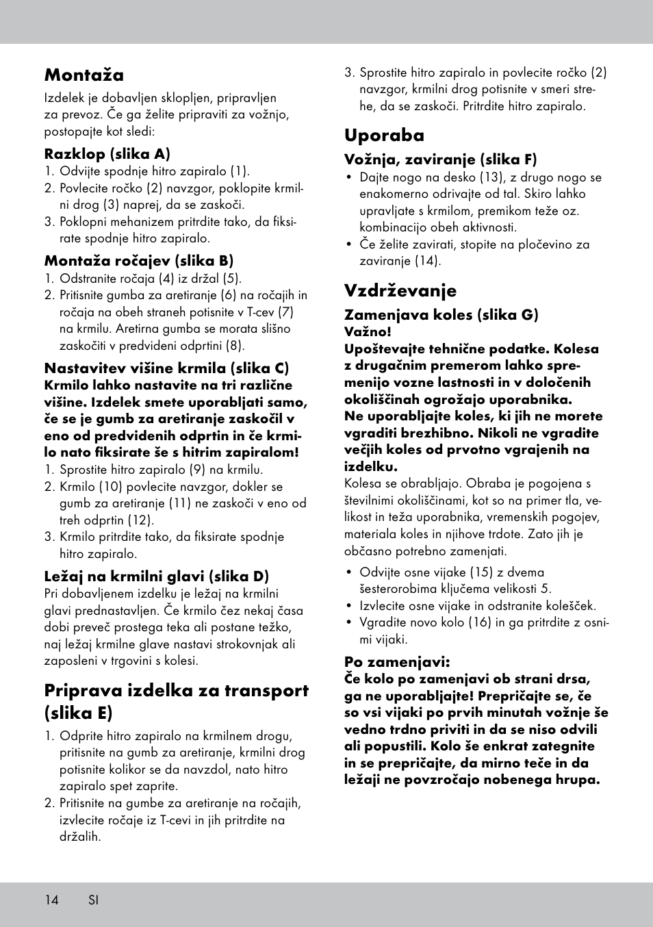 Montaža, Priprava izdelka za transport (slika e), Uporaba | Vzdrževanje | Playtive Scooter User Manual | Page 14 / 28