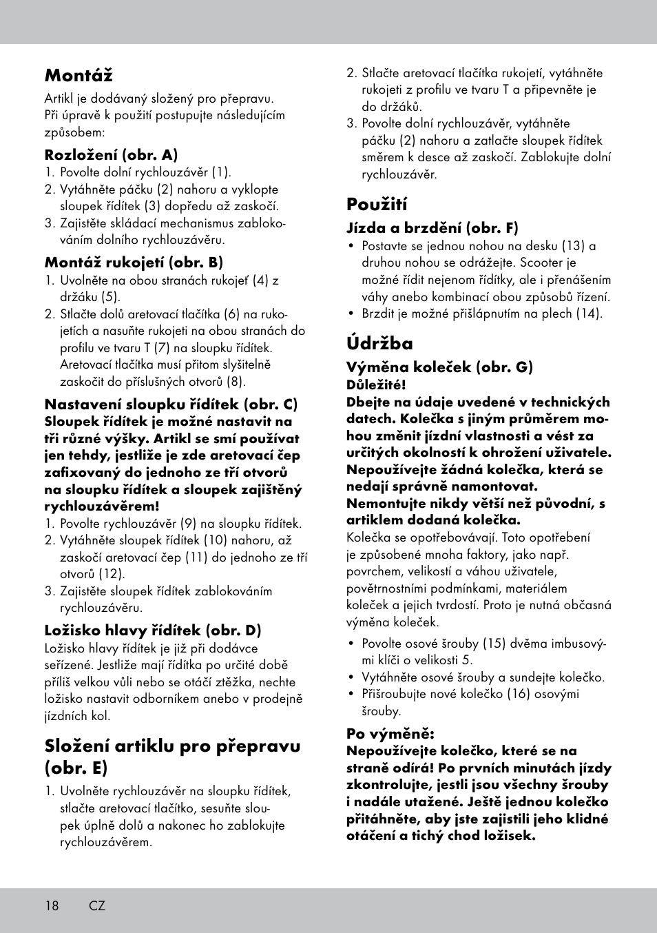 Montáž, Složení artiklu pro přepravu (obr. e), Použití | Údržba | Playtive Scooter User Manual | Page 18 / 28