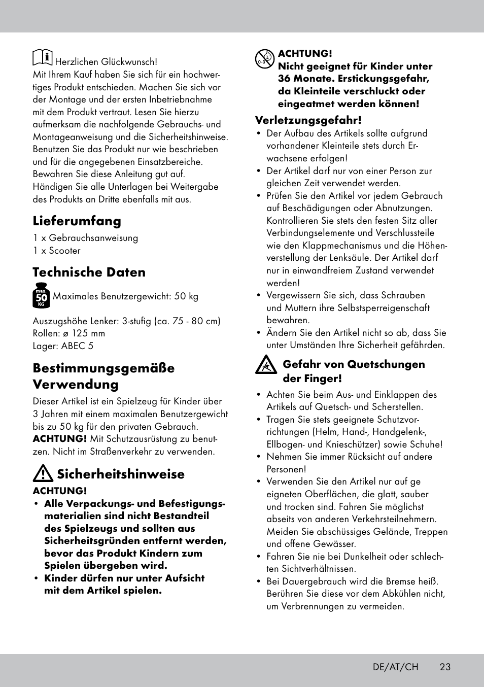 Lieferumfang, Technische daten, Bestimmungsgemäße verwendung | Sicherheitshinweise | Playtive Scooter User Manual | Page 23 / 28