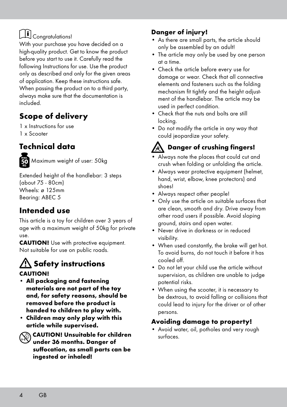 Scope of delivery, Technical data, Intended use | Safety instructions | Playtive Scooter User Manual | Page 4 / 28