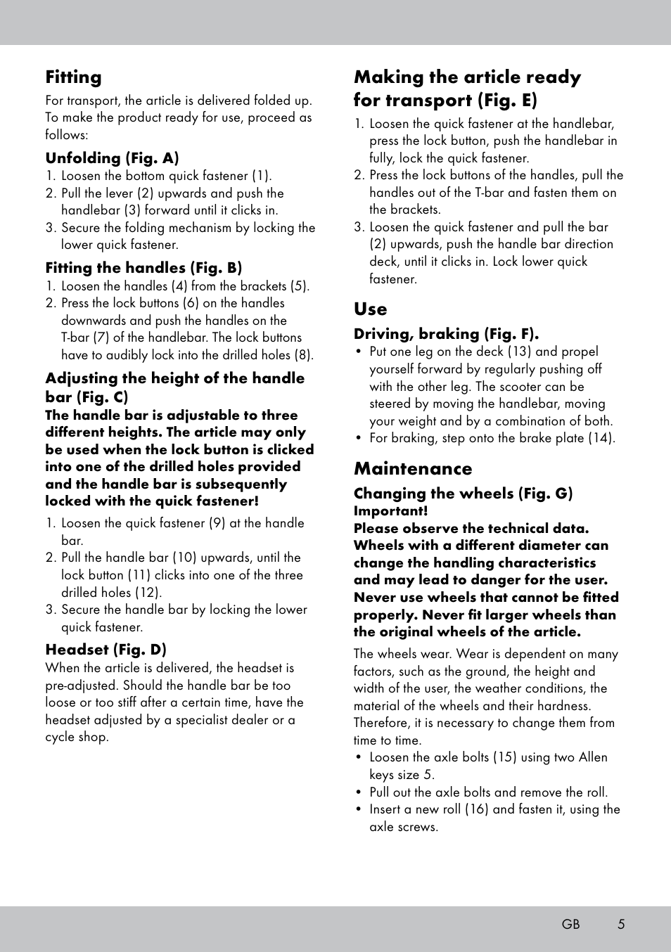 Fitting, Making the article ready for transport (fig. e), Maintenance | Playtive Scooter User Manual | Page 5 / 28