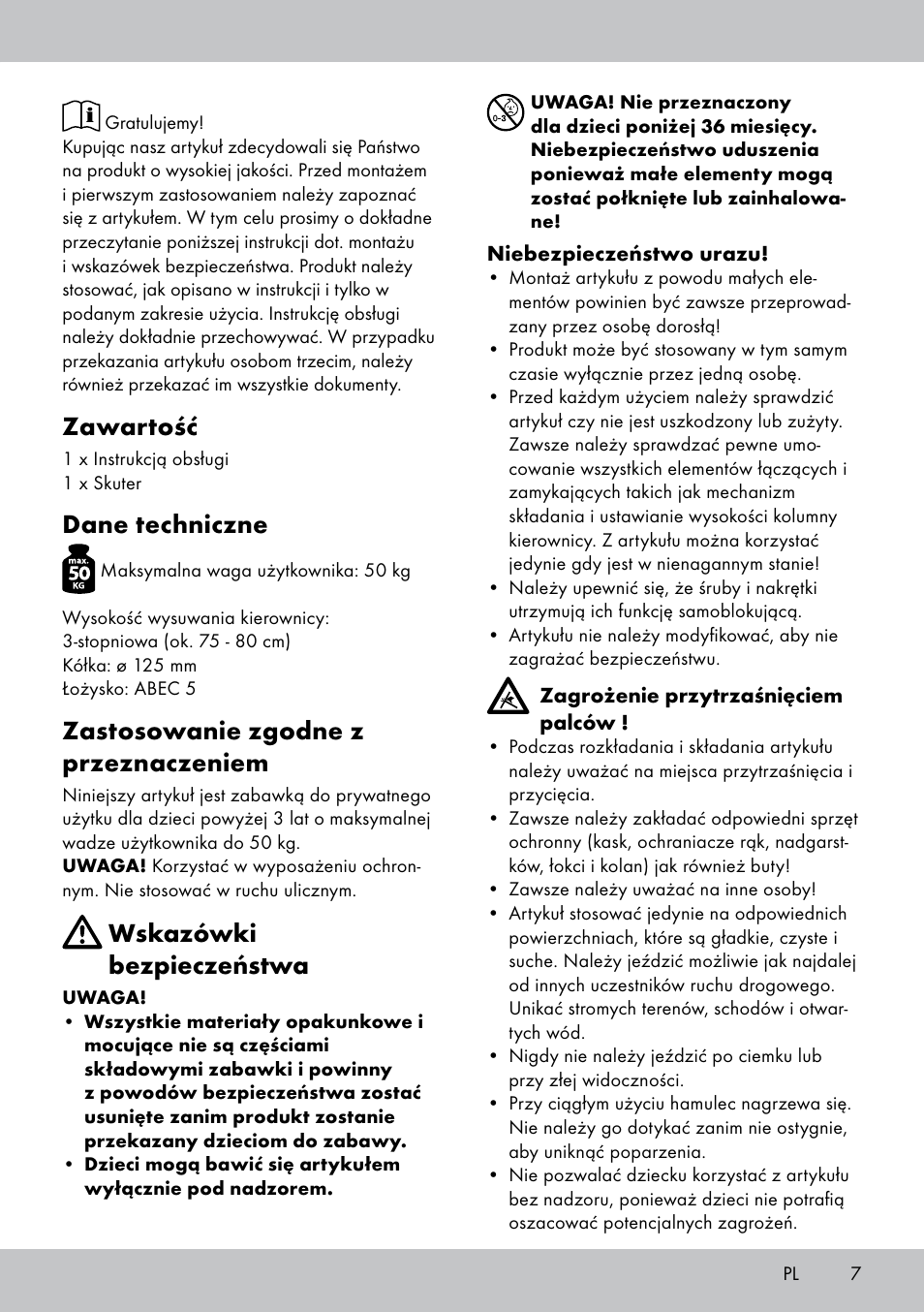 Zawartość, Dane techniczne, Zastosowanie zgodne z przeznaczeniem | Wskazówki bezpieczeństwa | Playtive Scooter User Manual | Page 7 / 28