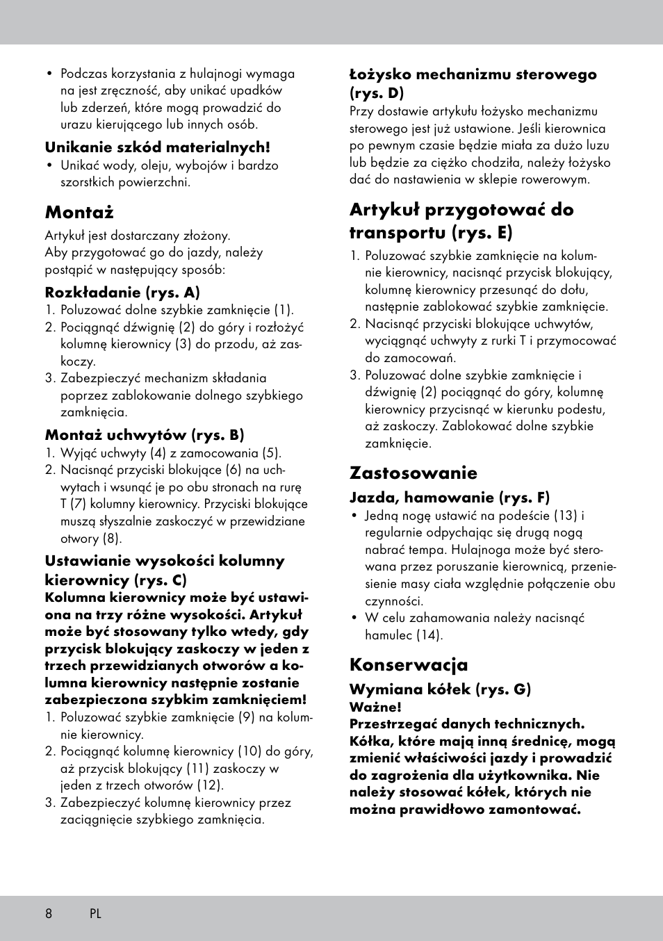 Montaż, Artykuł przygotować do transportu (rys. e), Zastosowanie | Konserwacja | Playtive Scooter User Manual | Page 8 / 28