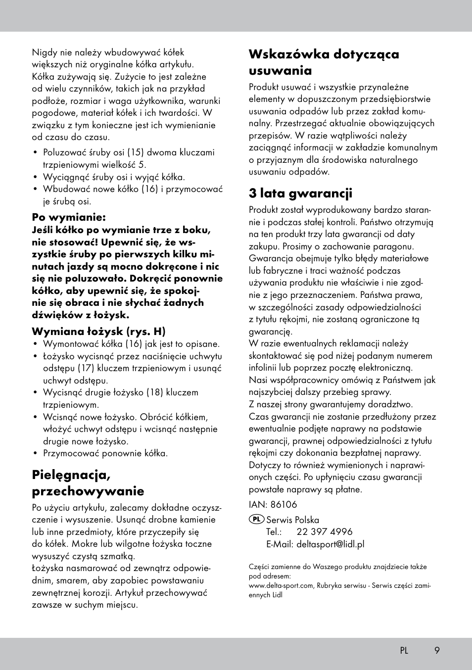 Wskazówka dotycząca usuwania, 3 lata gwarancji, Pielęgnacja, przechowywanie | Playtive Scooter User Manual | Page 9 / 28