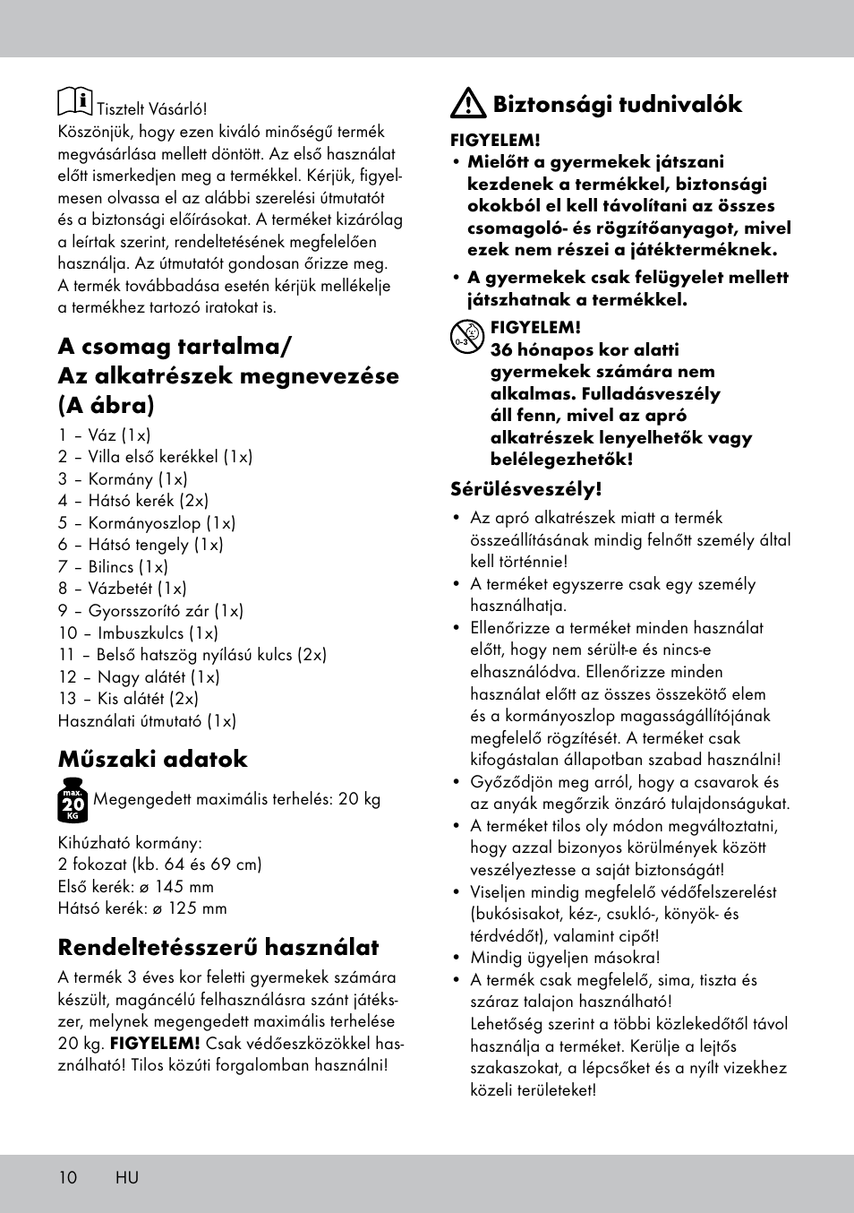 Műszaki adatok, Rendeltetésszerű használat, Biztonsági tudnivalók | Playtive Tri Scooter User Manual | Page 10 / 28