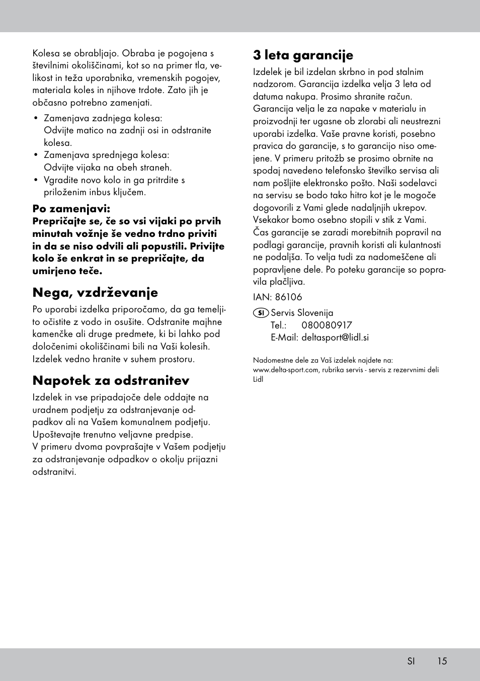 3 leta garancije, Nega, vzdrževanje, Napotek za odstranitev | Playtive Tri Scooter User Manual | Page 15 / 28