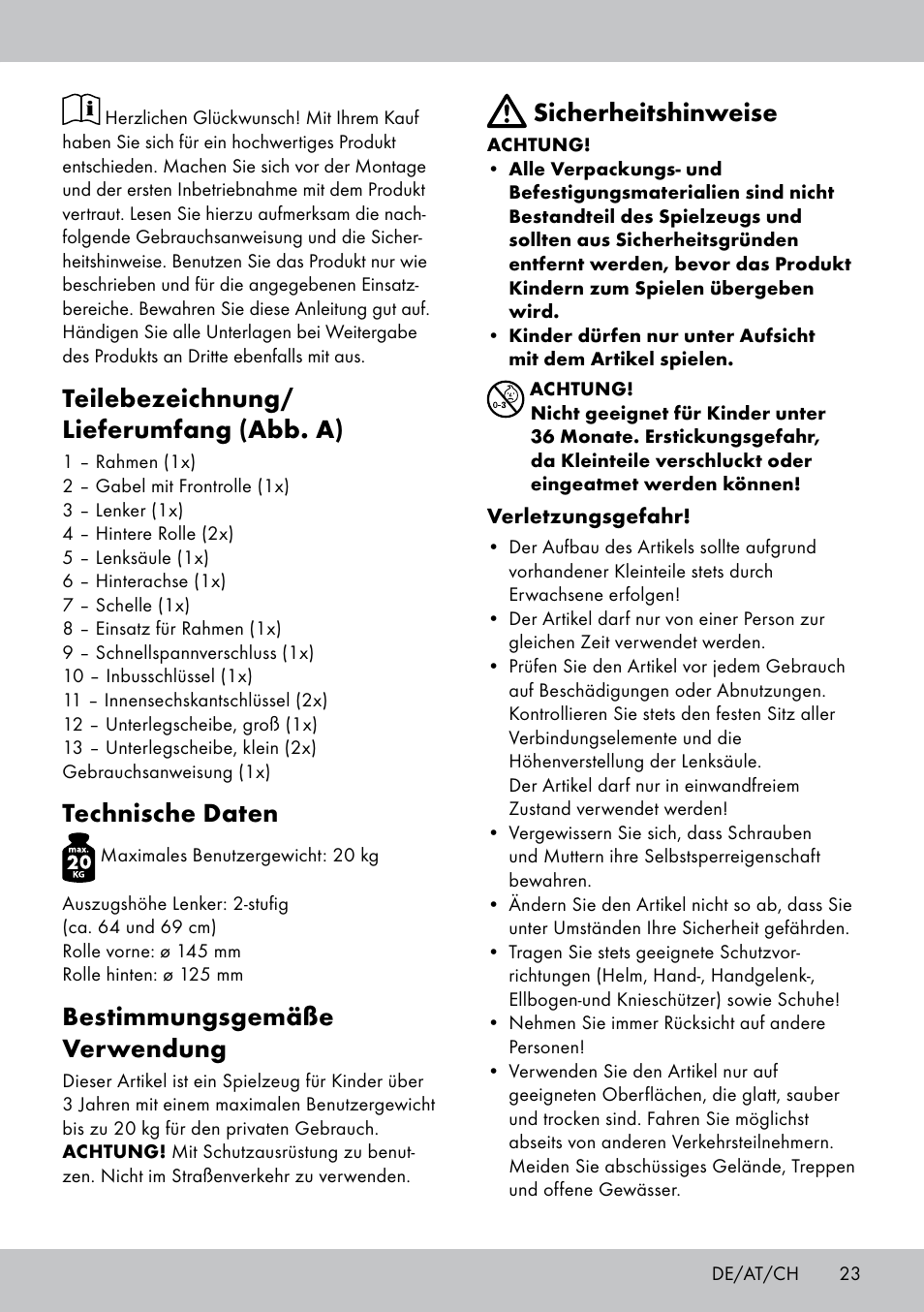 Teilebezeichnung/ lieferumfang (abb. a), Technische daten, Bestimmungsgemäße verwendung | Sicherheitshinweise | Playtive Tri Scooter User Manual | Page 23 / 28