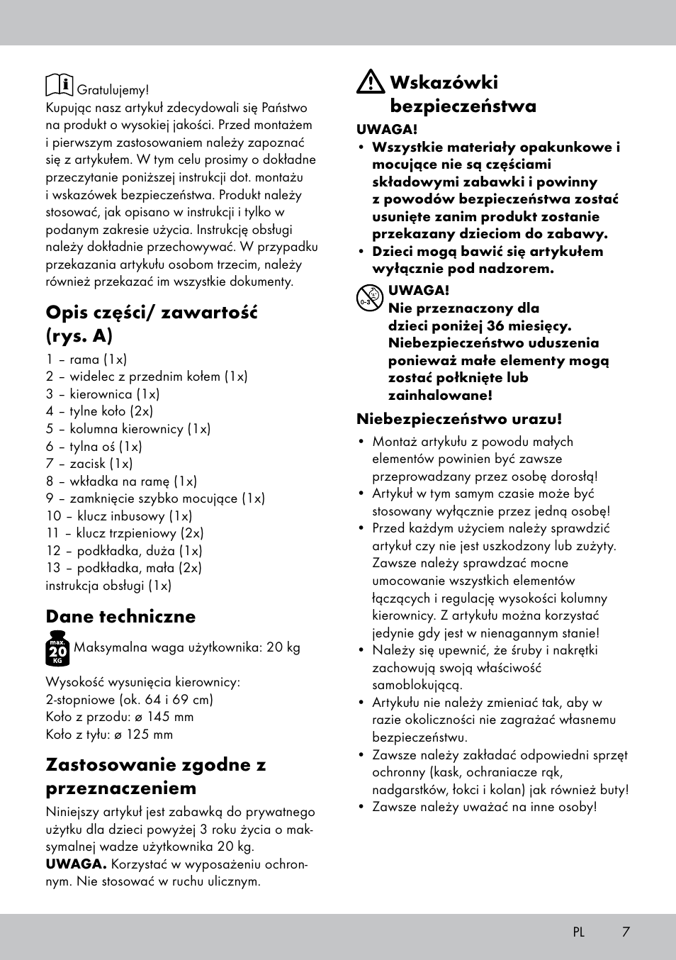 Opis części/ zawartość (rys. a), Dane techniczne, Zastosowanie zgodne z przeznaczeniem | Wskazówki bezpieczeństwa | Playtive Tri Scooter User Manual | Page 7 / 28