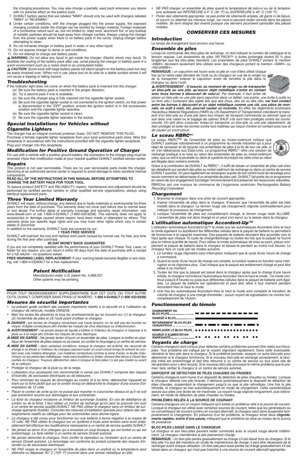 Mesures de sécurité importantes, Conserver ces mesures introduction, Ensemble de piles | Le sceau rbrc, Chargement, L'utilisation automatique accordent-up, Fonctionnement du témoin voyants de charge, Troubleshooting, Repairs, Three year limited warranty | DeWalt DC9071 User Manual | Page 2 / 4