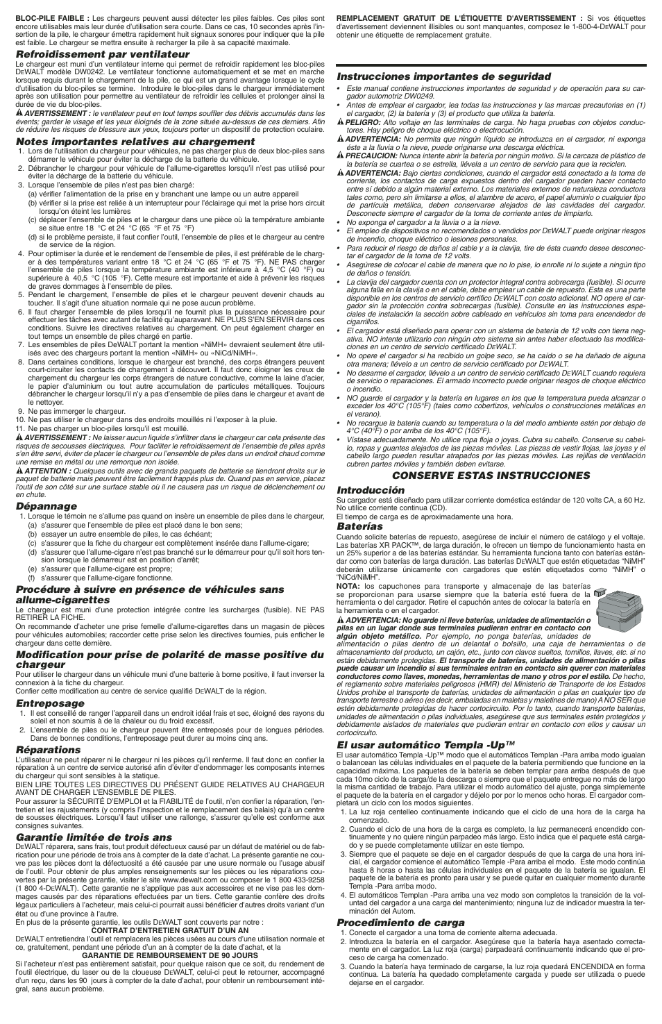 Refroidissement par ventilateur, Dépannage, Entreposage | Réparations, Garantie limitée de trois ans, Instrucciones importantes de seguridad, Conserve estas instrucciones introducción, Baterías, El usar automático templa -up, Procedimiento de carga | DeWalt DC9071 User Manual | Page 3 / 4