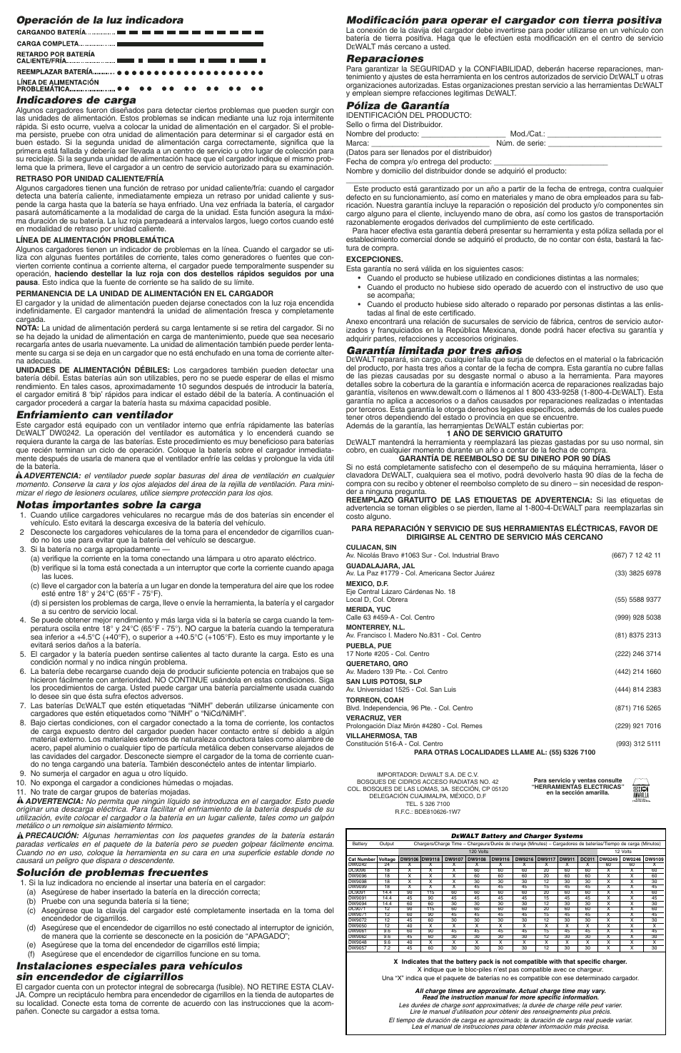 Enfriamiento can ventilador, Notas importantes sobre la carga, Solución de problemas frecuentes | Reparaciones, Póliza de garantía, Garantía limitada por tres años | DeWalt DC9071 User Manual | Page 4 / 4