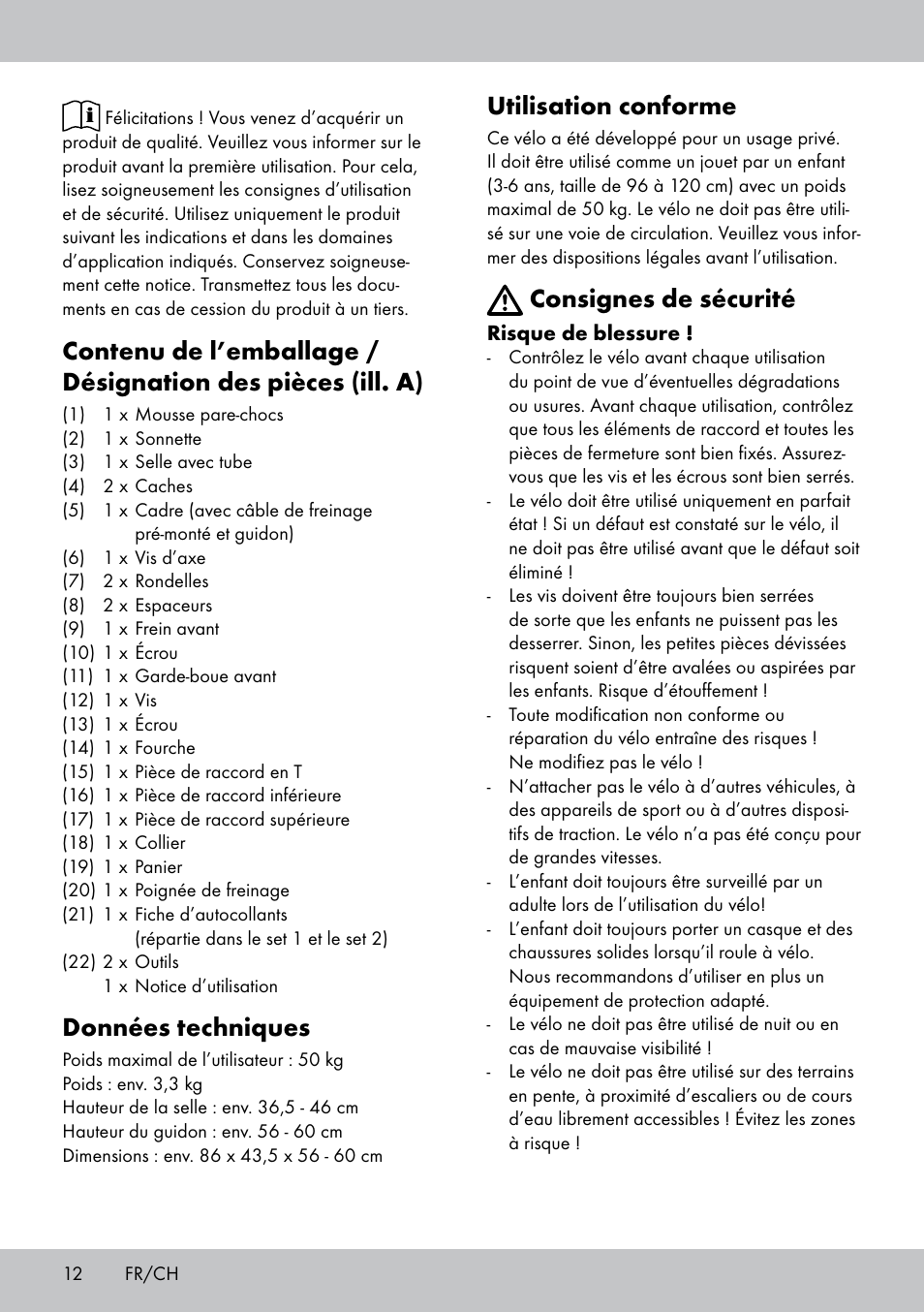 Données techniques, Utilisation conforme, Consignes de sécurité | Playtive Training Balance Bike KB-1566 User Manual | Page 10 / 26