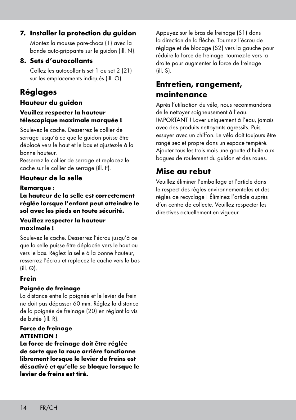 Entretien, rangement, maintenance, Mise au rebut, Réglages | Playtive Training Balance Bike KB-1566 User Manual | Page 12 / 26