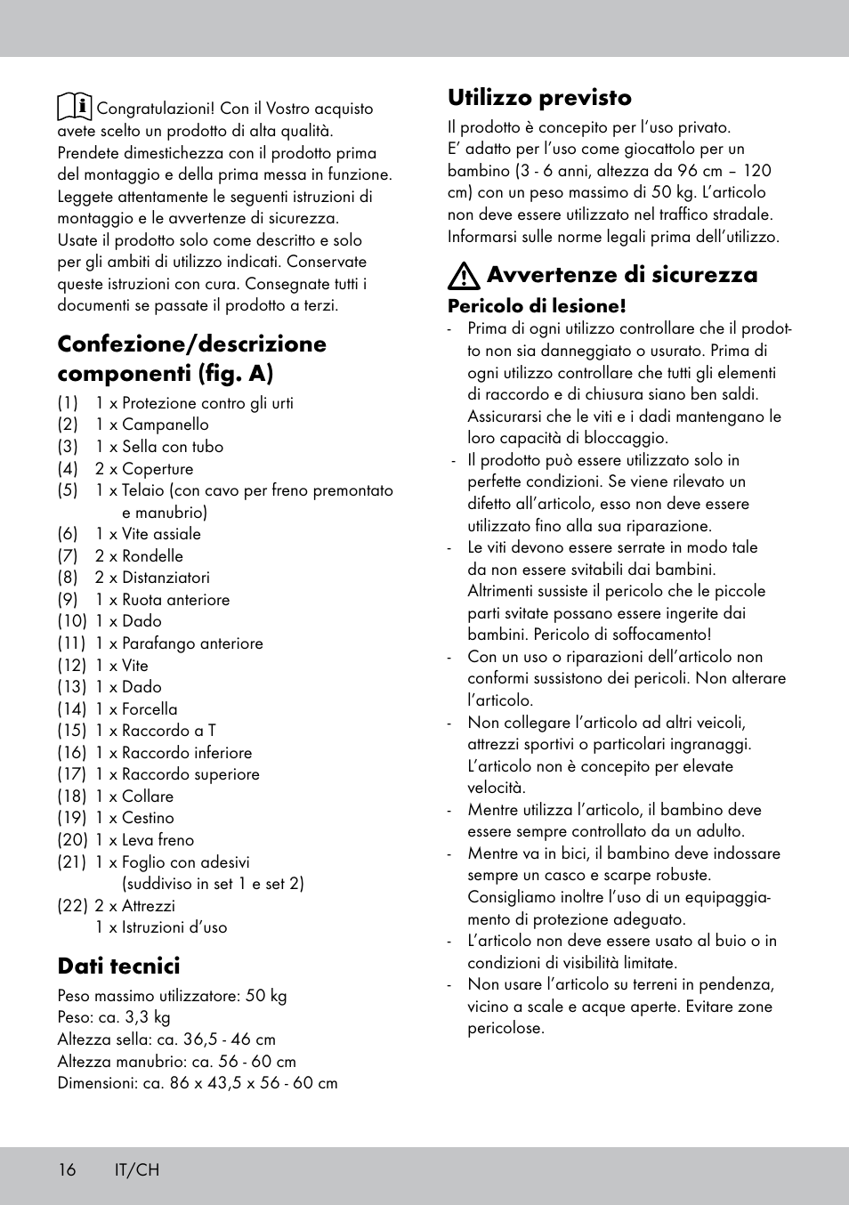 Confezione/descrizione componenti (fig. a), Dati tecnici, Utilizzo previsto | Avvertenze di sicurezza | Playtive Training Balance Bike KB-1566 User Manual | Page 14 / 26