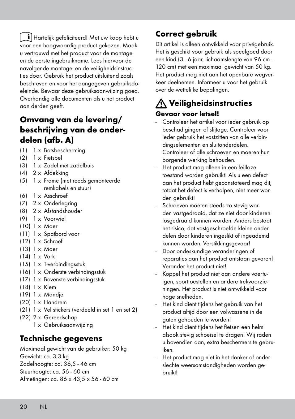 Technische gegevens, Correct gebruik, Veiligheidsinstructies | Playtive Training Balance Bike KB-1566 User Manual | Page 18 / 26