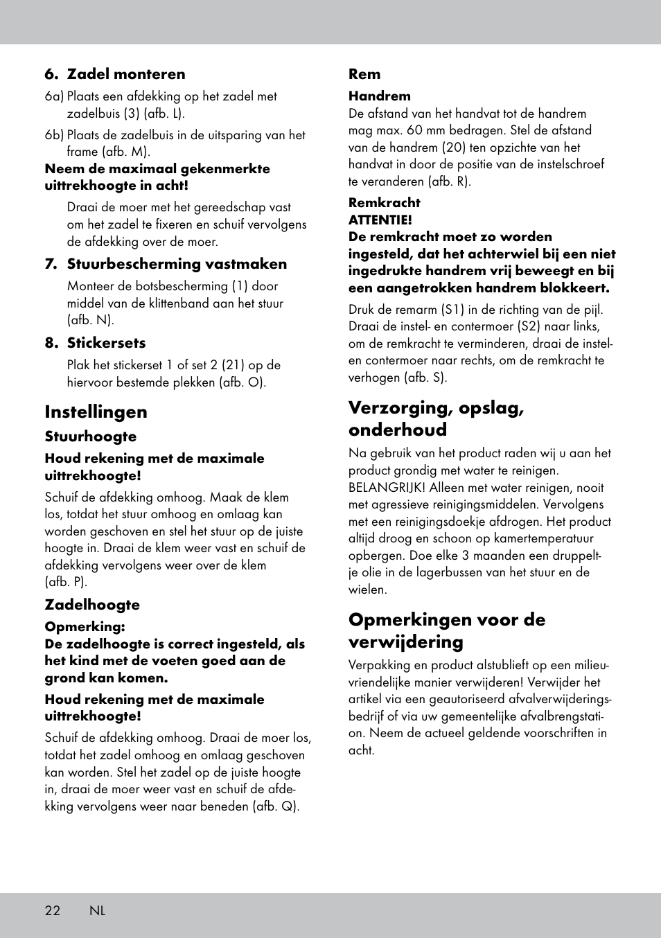 Verzorging, opslag, onderhoud, Opmerkingen voor de verwijdering, Instellingen | Playtive Training Balance Bike KB-1566 User Manual | Page 20 / 26