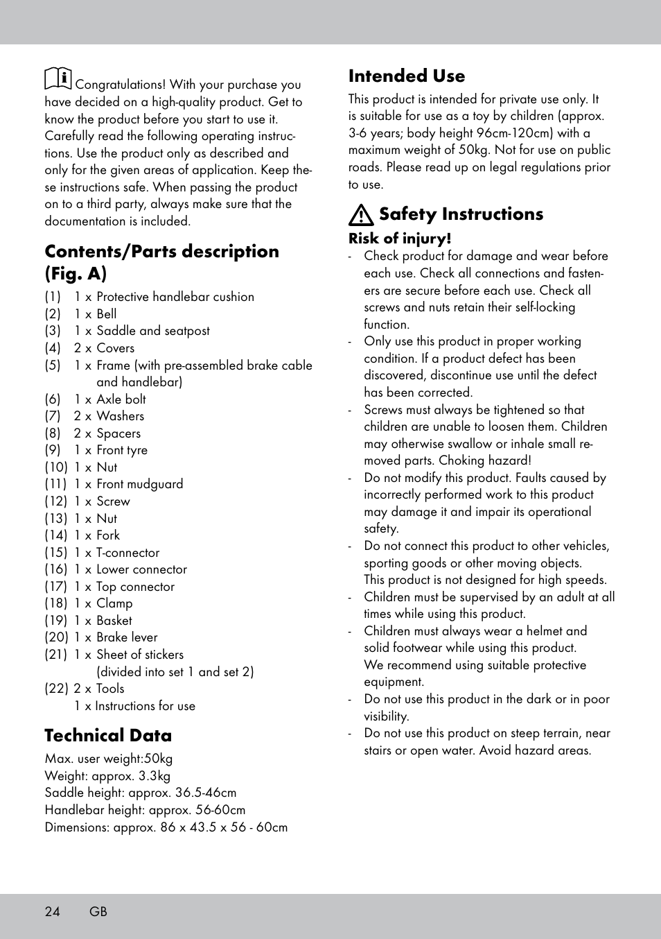 Contents/parts description (fig. a), Technical data, Intended use | Safety instructions | Playtive Training Balance Bike KB-1566 User Manual | Page 22 / 26