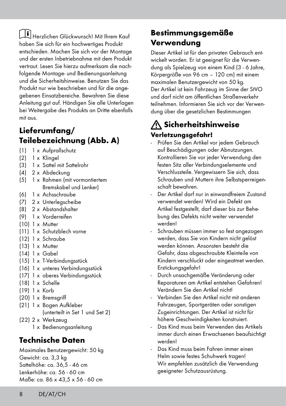 Lieferumfang/ teilebezeichnung (abb. a), Technische daten, Bestimmungsgemäße verwendung | Sicherheitshinweise | Playtive Training Balance Bike KB-1566 User Manual | Page 6 / 26