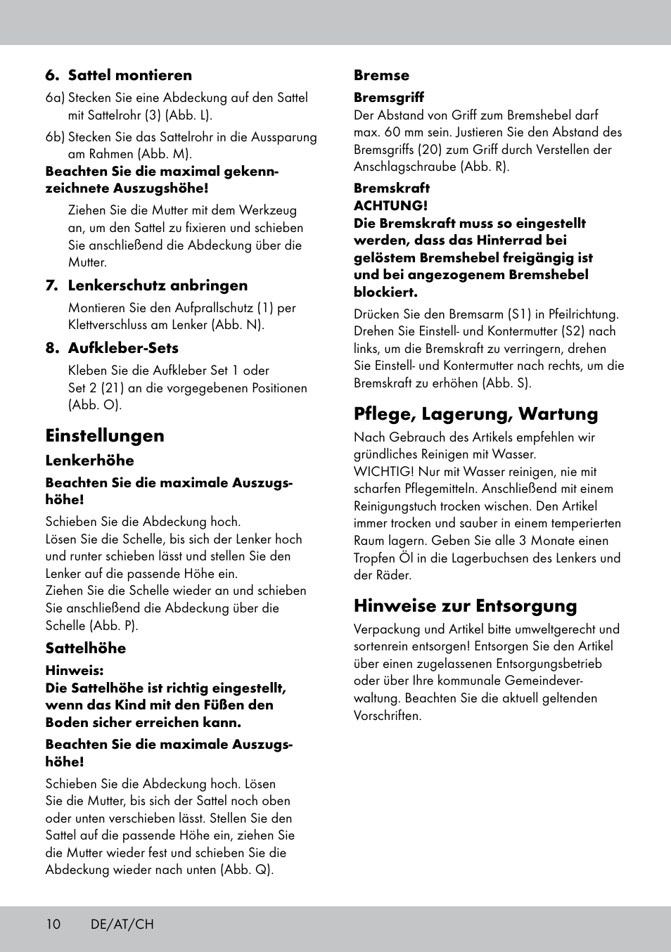 Pflege, lagerung, wartung, Hinweise zur entsorgung, Einstellungen | Playtive Training Balance Bike KB-1566 User Manual | Page 8 / 26