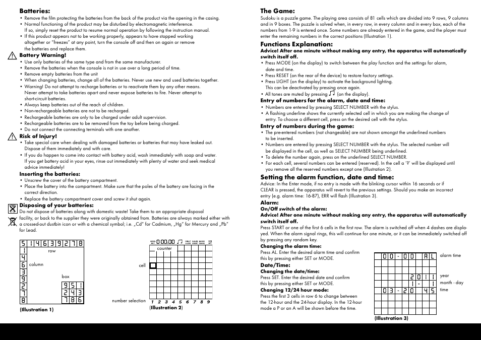 Batteries, The game, Functions explanation | Setting the alarm function, date and time | Playtive Sudoku User Manual | Page 2 / 2