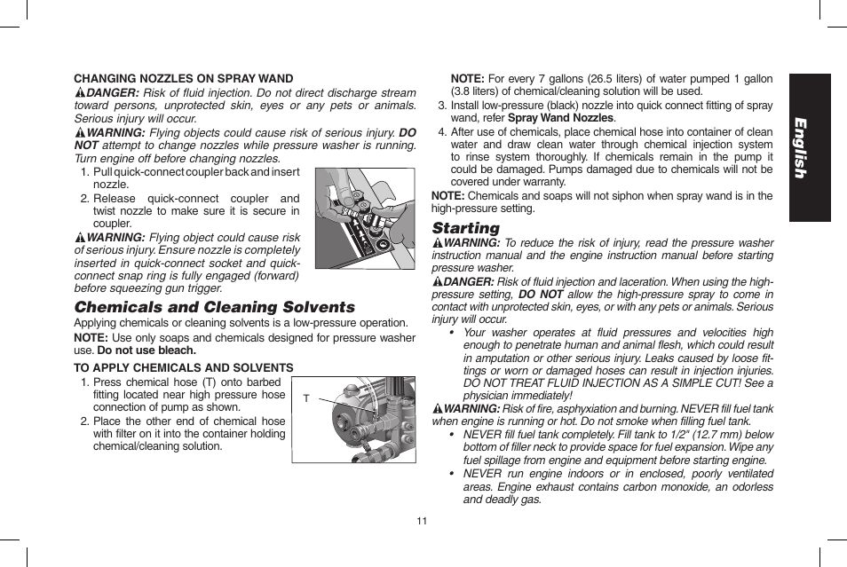English, Starting, Chemicals and cleaning solvents | DeWalt DP3700 User Manual | Page 11 / 64