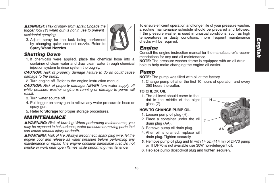 English, Maintenance, Engine | Pump | DeWalt DP3700 User Manual | Page 13 / 64