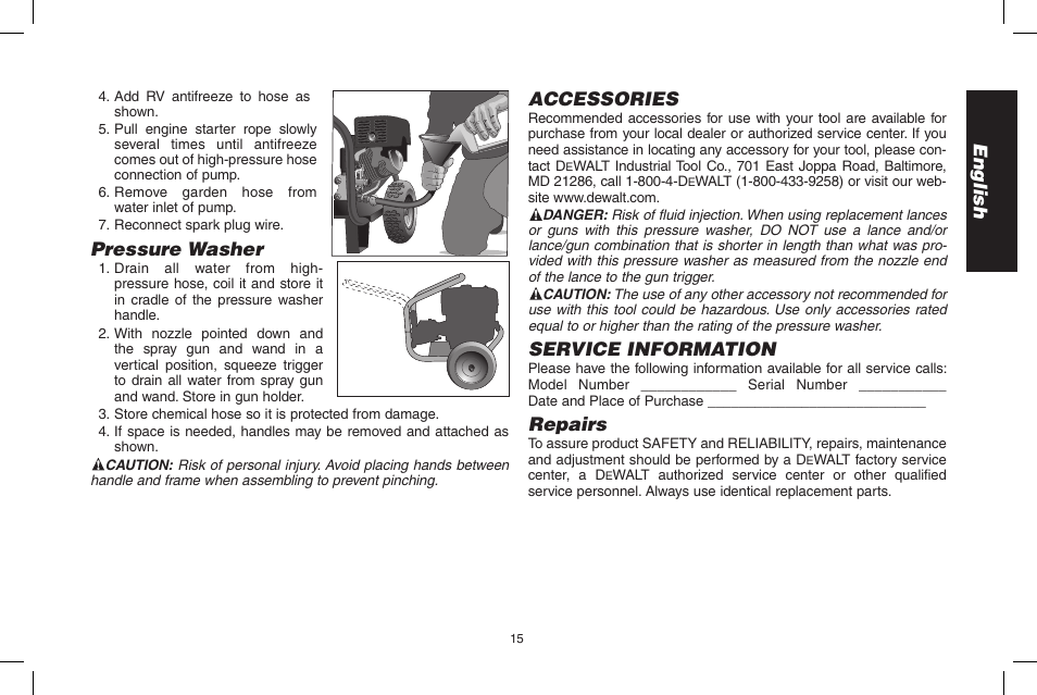 English, Pressure washer, Accessories | Service information, Repairs | DeWalt DP3700 User Manual | Page 15 / 64