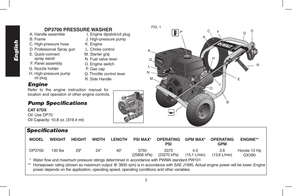 English specifi cations, Pump specifi cations, Engine | DeWalt DP3700 User Manual | Page 2 / 64