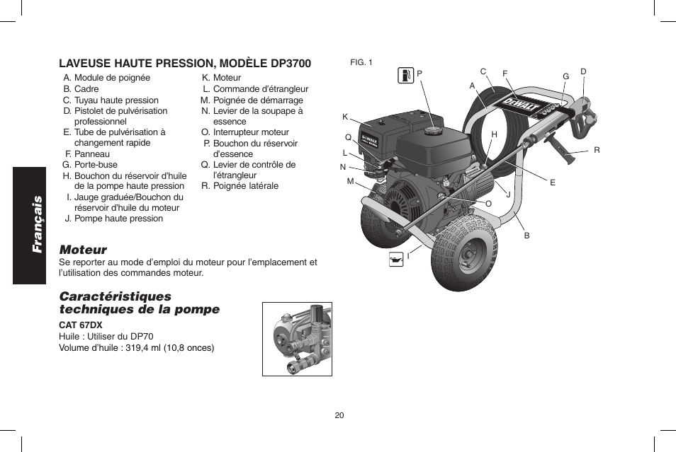 Français caractéristiques techniques de la pompe, Moteur, Laveuse haute pression, modèle dp3700 | DeWalt DP3700 User Manual | Page 20 / 64