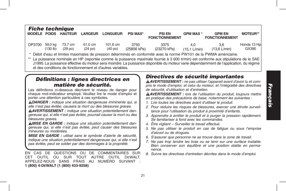 Directives de sécurité importantes, Fiche technique | DeWalt DP3700 User Manual | Page 21 / 64