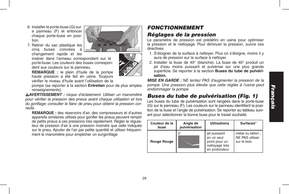 Français, Fonctionnement réglages de la pression, Buses du tube de pulvérisation (fig. 1) | DeWalt DP3700 User Manual | Page 29 / 64