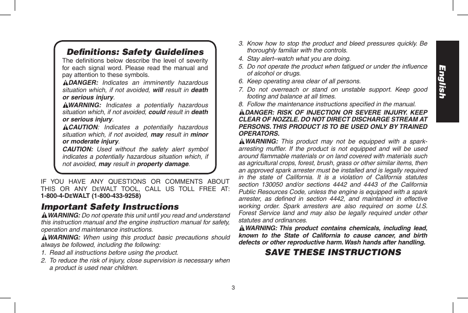 English, Important safety instructions | DeWalt DP3700 User Manual | Page 3 / 64