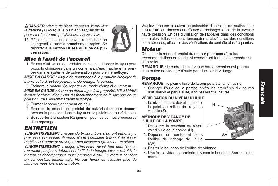 Français, Entretien, Moteur | Pompe | DeWalt DP3700 User Manual | Page 33 / 64